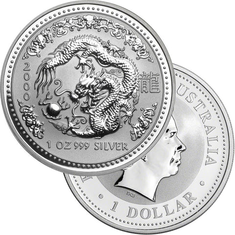 2000 Australia Silver Dollar Year of the Dragon 1 oz .999 Silver - Gem Brilliant Uncirculated (In Capsule)