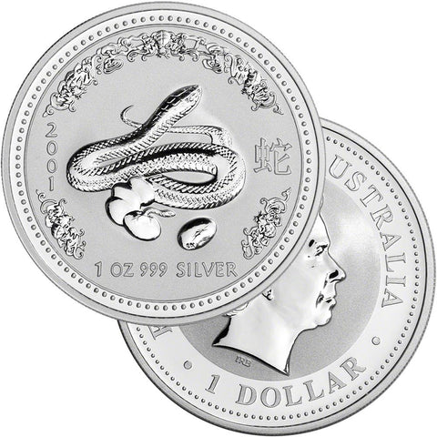 2001 Australia Silver Dollar Year of the Snake 1 oz .999 Silver - Gem Brilliant Uncirculated (In Capsule)