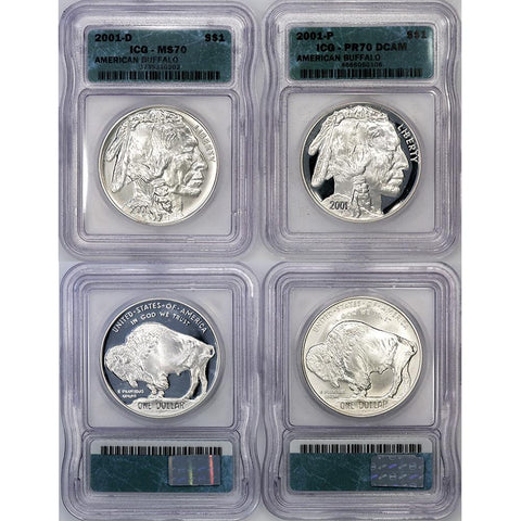 2001 P & D Buffalo Commemorative Silver Dollar Set ~ ICG MS & PR 70