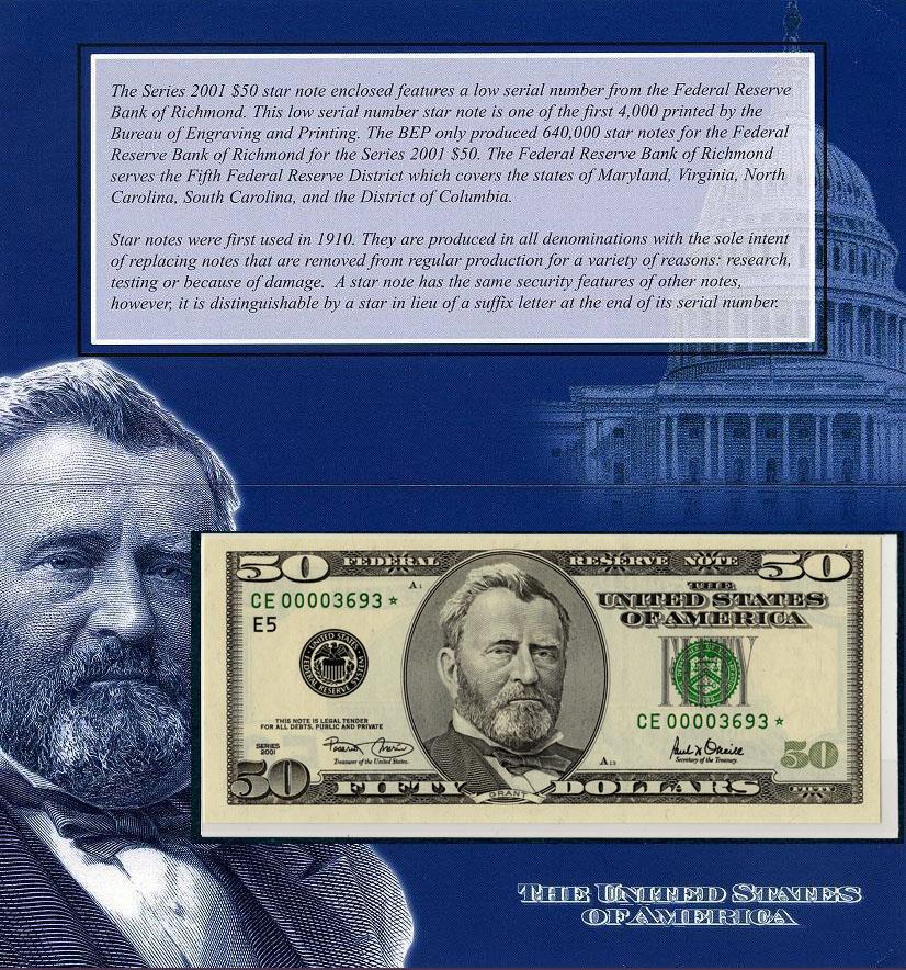 2001 $50 Federal Reserve Star Notes Richmond Single Star S/N