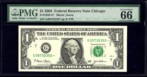2003 $1 Chicago Federal Reserve Star Note Fr. 1929-G* - PMG Gem Uncirculated 66 EPQ