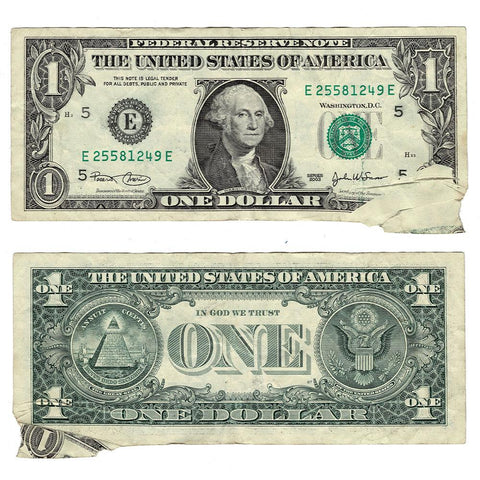 2003 $1 Federal Reserve Note (FR.1928E) - Printed Foldover/Dog Ear - Very Fine