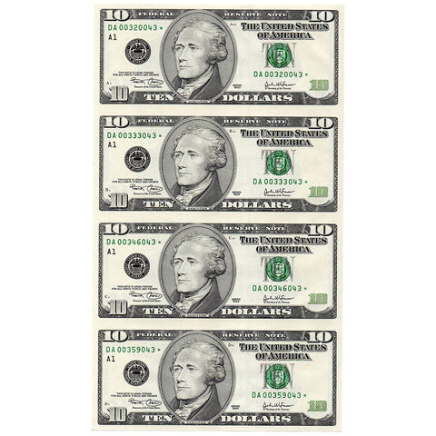 4-Subject Sheet of 2003 $10 Federal Reserve Star Notes, Fr. 2037-A* - Gem Uncirculated