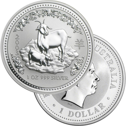 2003 Australia Silver Dollar Year of the Goat 1 oz .999 Silver - Gem Brilliant Uncirculated (In Capsule)