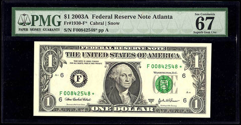 2003-A $1 Atlanta Federal Reserve Star Note Fr. 1930-F* - PMG Superb Gem Unc 67 EPQ