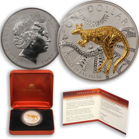 2003 1oz Silver Kangaroo "Australia's First Selective Gold Plated Coin" - PQBU w/ OGP and COA