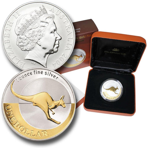 2004 $1 Selectively Gold Plated Silver Kangaroo 1 oz .9999 Silver in OGP w/ COA