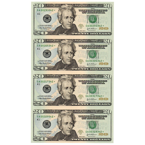 4-Subject Sheet of 2004-A $20 Federal Reserve Star Notes, Fr. 2091-A* - Gem Uncirculated