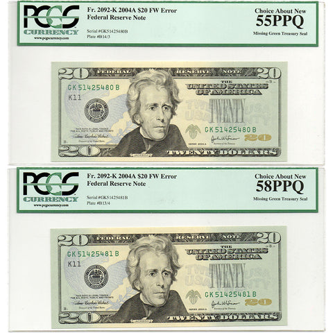 2-Consecutive 2004-A $20 Federal Reserve Missing Seal Error Notes - PCGS 58/55 PPQ