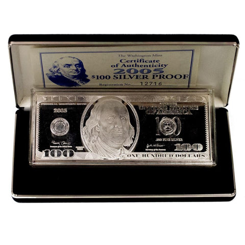 1999 Washington Mint 4 oz .999 Silver $100 Proof Note in Box w/ COA