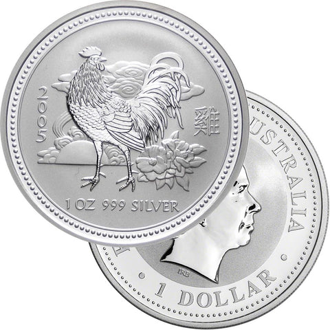 2005 Australia Silver Dollar Year of the Rooster 1 oz .999 Silver - Gem Brilliant Uncirculated (In Capsule)
