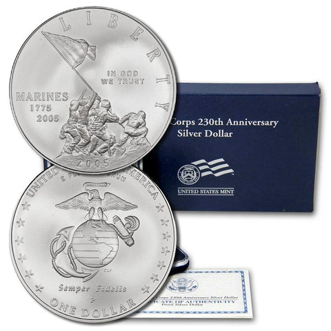 2005-P Unc Marines Commemorative Silver Dollar in Box with COA