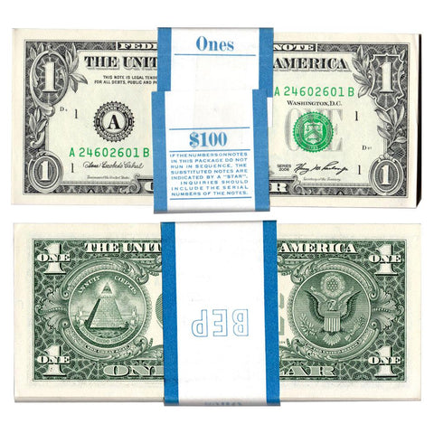 2006 Boston Federal Reserve $1 Notes - BEP Pack of 100 - Crisp Uncirculated