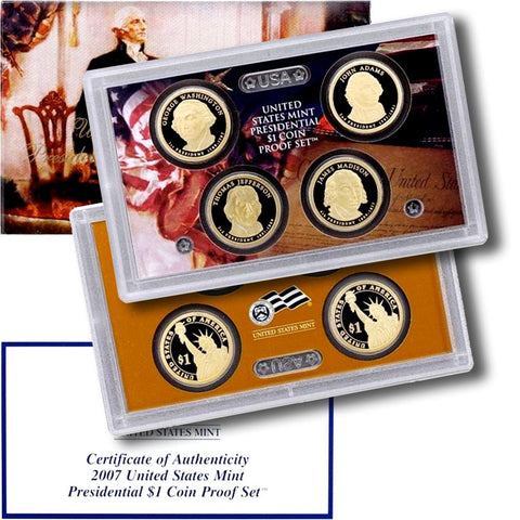 4-Coin 2007-S Presidential Dollar Proof Set - in Original Box with COA