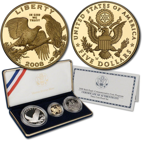 3-Coin 2008-W Bald Eagle Gold, Silver & Clad $5, $1, 50¢ Commemorative Proof Set