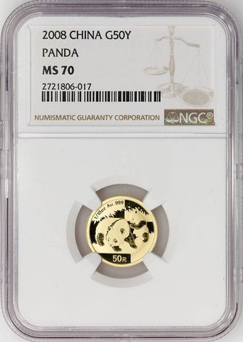 2008 China 50 Yuan 1/10 oz Gold Panda KM.1868 - NGC MS 70