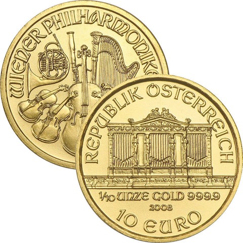 2008 Austria 1/10th Ounce .9999 Gold Philharmonic Coins - Gem BU