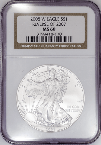 2008-W "Reverse of 2007" Burnished Silver Eagle in NGC MS 69 - Neat Variety Coin