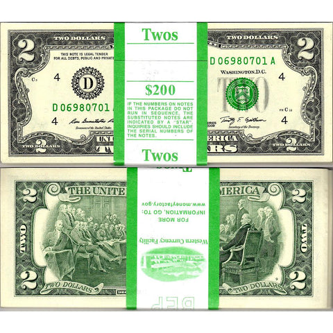 2009 Cleveland Federal Reserve $2 Notes - BEP Pack of 100 - Choice Uncirculated
