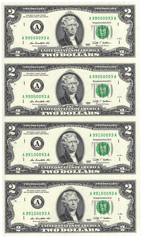 Sheet of Four 2009 $2 Federal Reserve Notes - Comes in Bookstyle Folder