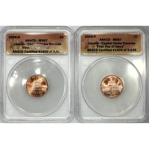 2009 P & D Lincoln Cent Capitol Dome Pair - ANACS MS 67