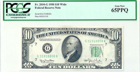 1950 $10 Federal Reserve Note Chicago District Fr. 2010-G (Wide) - PCGS Gem New 65 PPQ