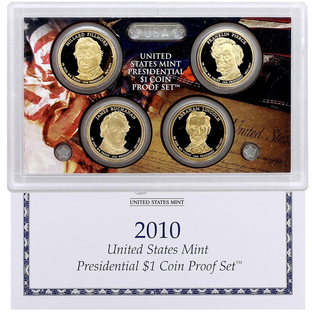 4 Coin 2010 S Presidential Dollar Proof Set in Original Box with COA