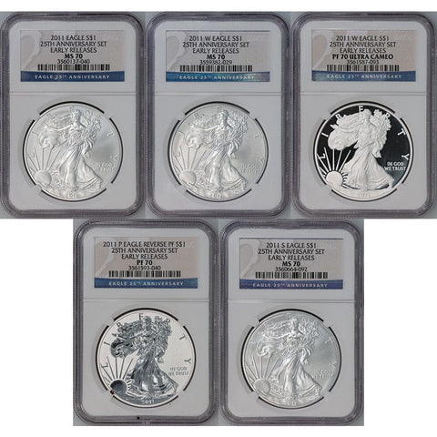 2011 25th Anniversary 5-coin American Silver Eagle Set - ALL NGC 70