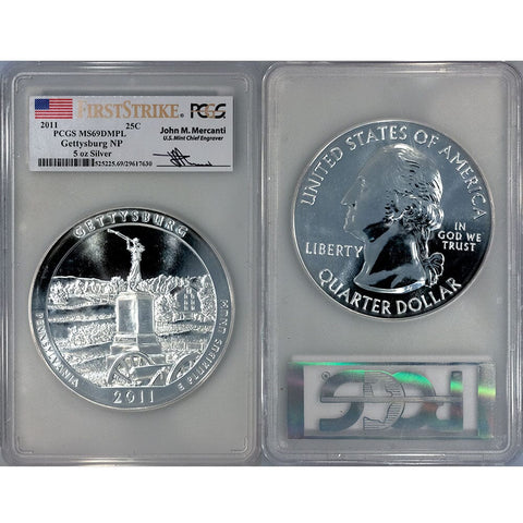 2011 Gettysburg America The Beautiful 5 oz Silver Quarter - PCGS MS 69 DMPL Mercanti