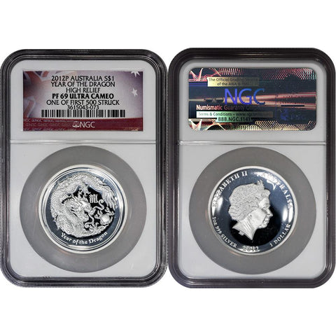 2012-P Proof Australia $1 One Ounce Silver Lunar Series II Dragon High Relief - NGC PF 69 UCAM