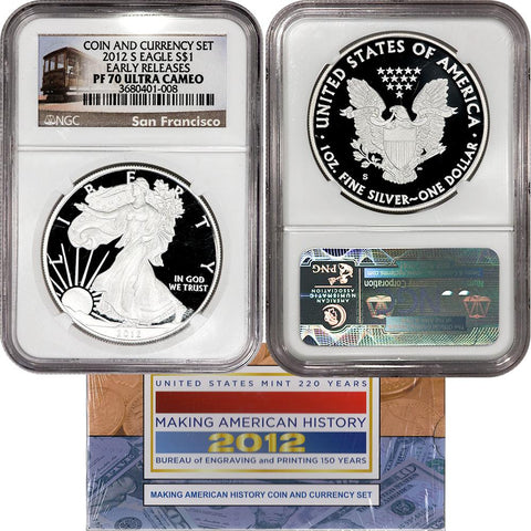 Certified 2012 Coin (2012-S Eagle) & Currency (2009 $5) Set NGC PF 70 & PMG Gem