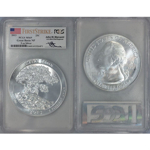 2013 Great Basin America The Beautiful 5 oz Silver Quarter - PCGS MS 69 Mercanti
