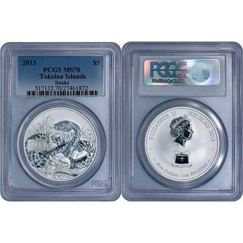 2013 $5 Tokenlau 1 oz .999 Silver Snake Coin - PCGS MS 70