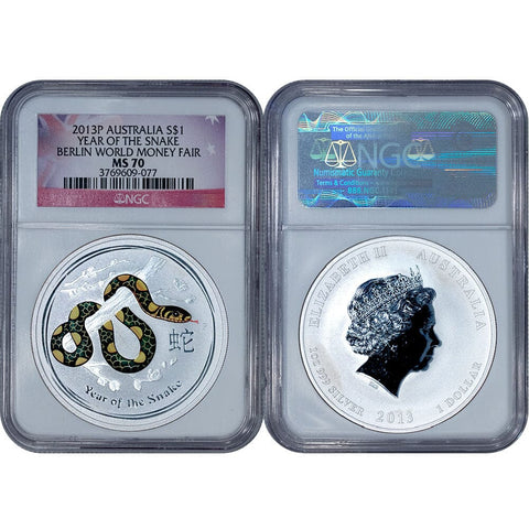 2013-P Australia Year of the Snake 1oz Silver Dollar - NGC MS 70