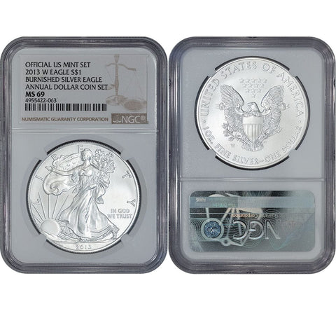 2013-W Burnished American Silver Eagles - NGC 69 Annual Dollar Set