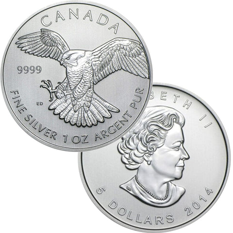 2014 Canadian $5 Birds of Prey Peregrine Falcon 1 oz Silver Coins - Gem in Hard Plastic