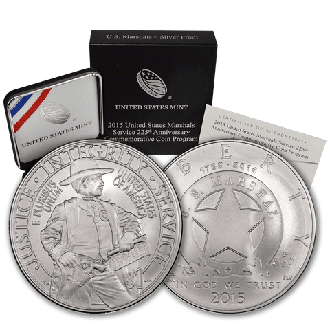 2015 U.S. Marshals 225th Silver Commemorative Dollar - Gem Uncirculated in Original Box with COA