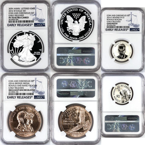 2016 Ronald Reagan Coin & Chronicles Set (Eagle, Medal, Presidential Dollar) - NGC Certified