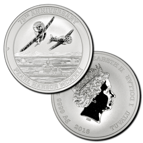2016 Tuvalu Pearl Harbor 75th Anniversary 1 oz .9999 Silver Dollar - Gem Brilliant Uncirculated