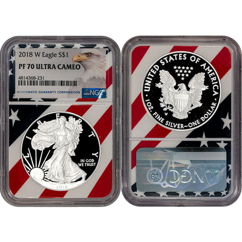 2018-W Proof American Silver Eagle - NGC PF 70 UCAM - American Flag Core
