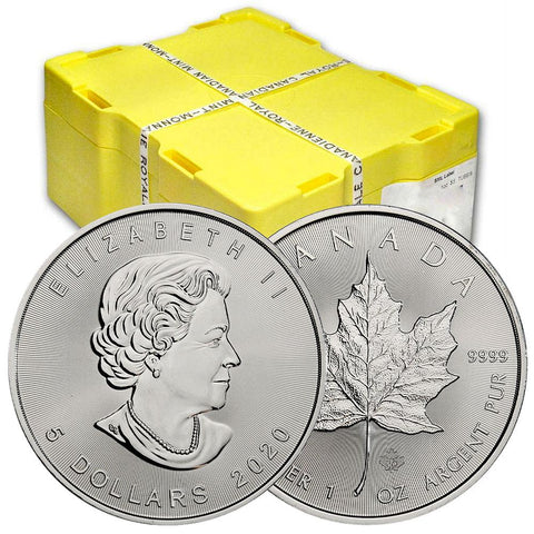 2020 $5 Canadian 1 oz Silver Maple Leaf .9999 Silver - Fresh 25-Coin Rolls