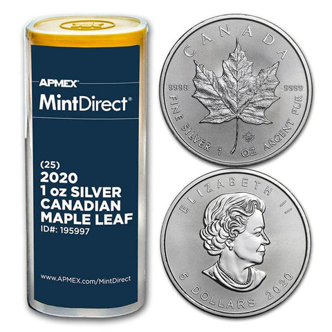 Roll of 25 2020 Canadian 1 oz Silver Maple Leaf Coins - Gem Unc Sealed Tube