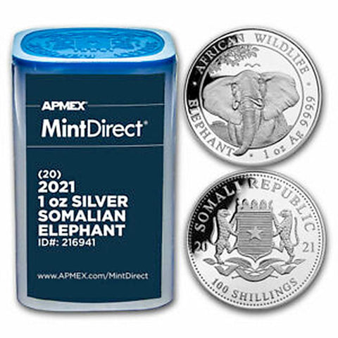 20-Coin Rolls of 2021 Somalian 1 oz Silver Elephant Coins - Gem Unc Sealed Tube