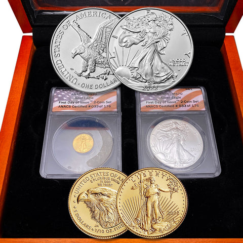 2022 $5 Gold Eagle & $1 Silver Eagle Set - ANACS FDOI 70s in Display Case