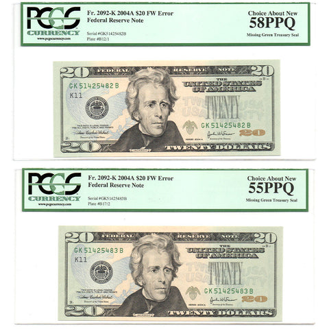 2-Consecutive 2004-A $20 Federal Reserve Missing Seal Error Notes - PCGS 58/55 PPQ