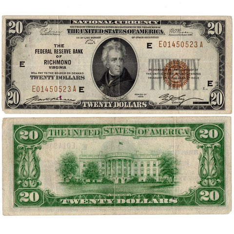 1929 $20 Richmond Federal Reserve Bank Note Fr.1870 E - Very Fine
