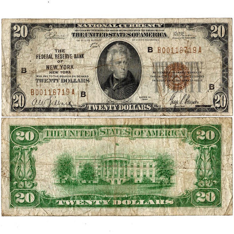 1929 $20 Federal Reserve National Bank Note, New York Fr. 1870-B - Very Good