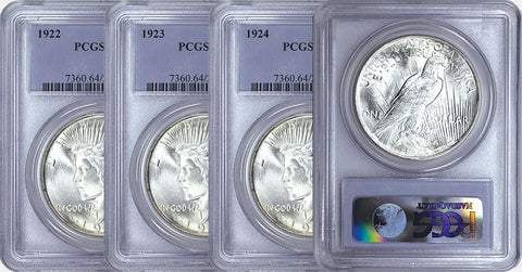 1922,1923,1924 & 1925 Peace Dollar Set in PCGS MS 64