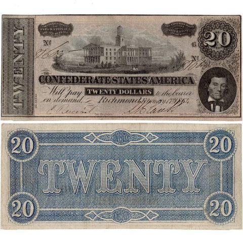 T-67 (Brown) 1864 $20 Confederate States of America Notes Deal - Very Fine