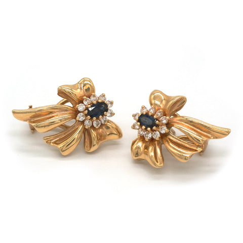 14K Gold Diamond and Sapphire Bow/Ribbon Earrings